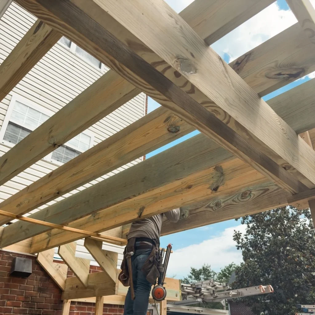 Wooden deck beams under construction in Hoover, AL