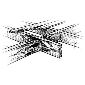 Distressed overlapping 2x4 lumber beams with visible rot and decay, forming an abstract structural pattern.