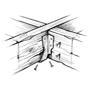 Line art drawing of a two pieces of wood intersecting with metal braces.
