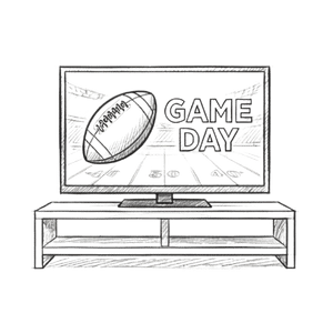 Line drawing of a large flat screened tv on a low table.