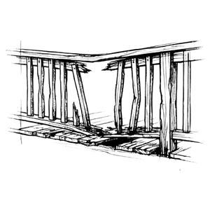 Drawing of a dilapidated wooden rail structure.