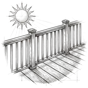 Illustration of a pristine composite deck and railing shining under a bright sun, symbolizing fade resistance.