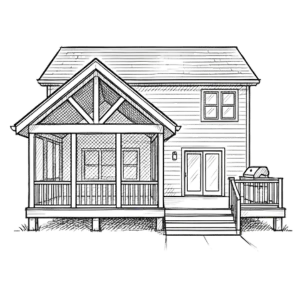 Sketch of a home exterior featuring a screened-in porch and a dedicated open deck bump-out for a grill.