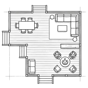 Floor plan sketch of a spacious multi-level deck featuring areas for dining, a sectional sofa, and a fire pit.