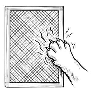 Close-up illustration of an animal paw with claws scratching against a mesh screen.