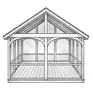 Architectural drawing showing the wooden framing and gable roof structure of a screened-in porch.