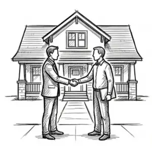 Sketch of two men shaking hands in front of a residential home.