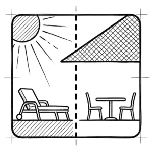 Line drawing of a sunlit deck with shaded seating area.