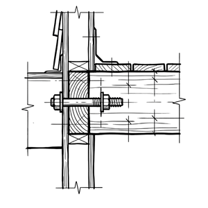 A cross-section diagram showing a ledger board bolted securely to a house rim joist, illustrating the structural safety standards followed by a professional deck builder in Hoover.