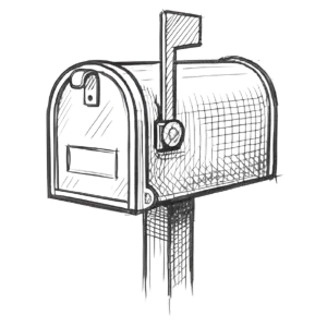 Pencil sketch of a classic curbside mailbox with the flag raised, representing a mailing address.