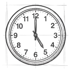Pencil drawing of a round analog wall clock with construction lines, representing business hours.