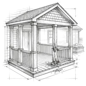 A drawing of a front porch with one column that is rotten and in need of repair.