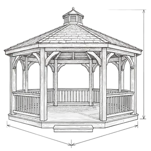 Line art drawing of a wooden gazebo with octagonal design.