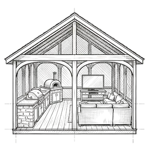 A drawing of an outdoor kitchen.