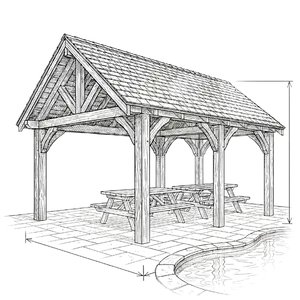 Line drawing of a wooden pavilion near a pool.