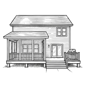 A line drawing of a screened in deck from the back of the house.