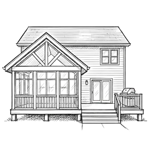 A drawing on a sunroom attached to a home.