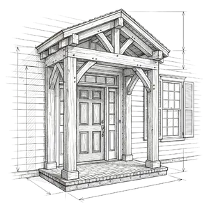 A drawing of a portico covering a front door with cedar accents.
