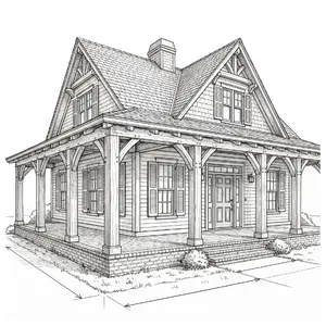 A drawing of a home with a wrap around porch.